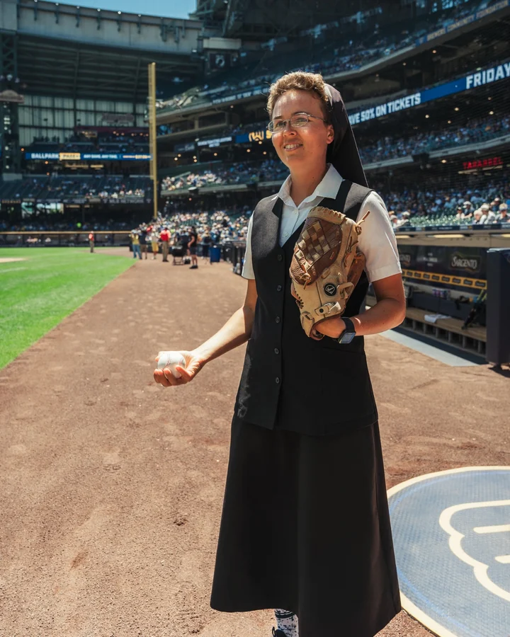 Sister Bernadette on the field before the game